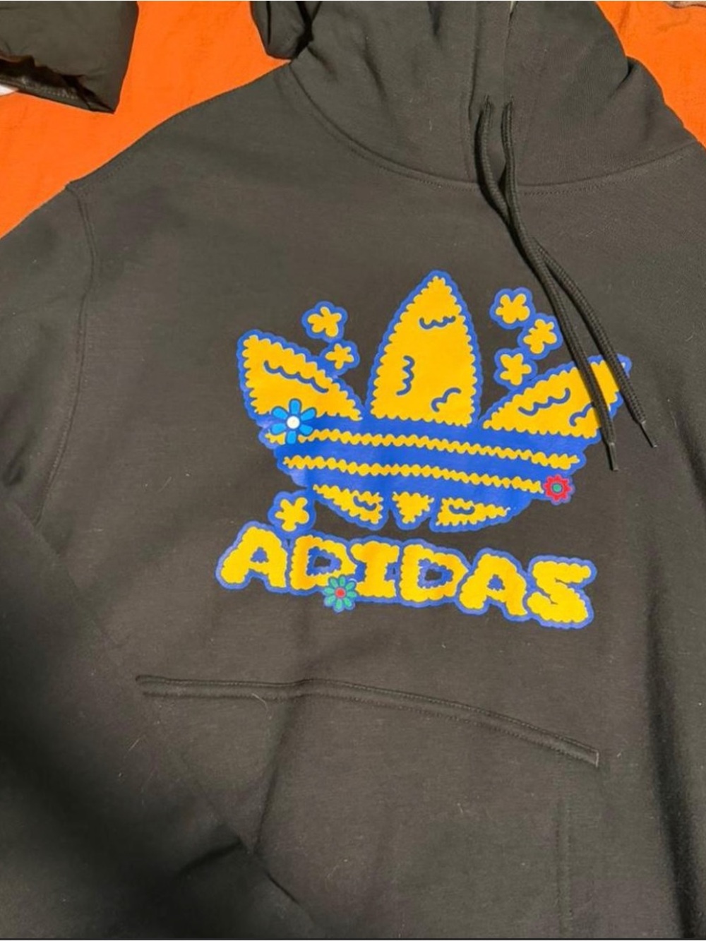 Adidas Unisex Black Hoodie with Yellow & Blue Trefoil Logo